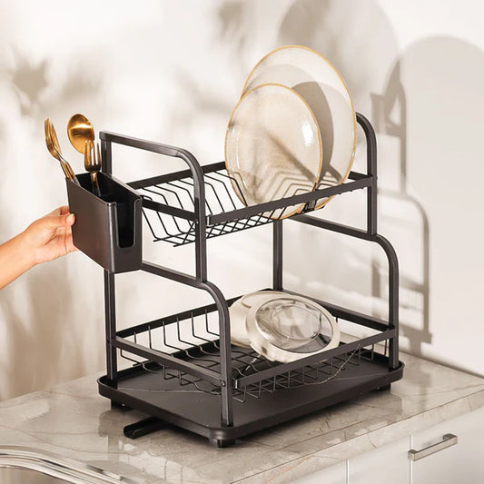 2-Tier Dish Rack with Cutlery Holder & Drainer – Black